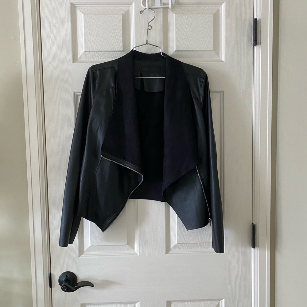 Onto the Next Faux Leather Drape Front Jacket